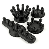 Four black sub-assembly jigs for Fat Dwarf miniature painting handles
